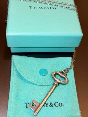 Tiffany &  Key Necklace Vintage Oval Key Charm Pendant 16 inch Chain Love Gift